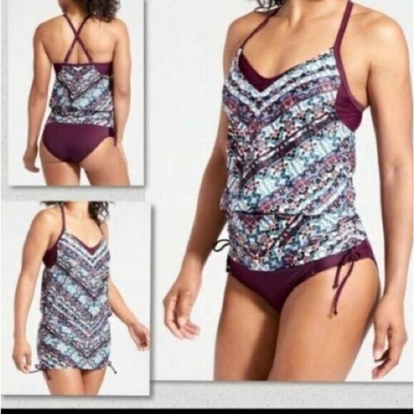 Athleta Marrakesh Side Scrunch Tankini Lycra UPF 50+ Maroon Quickdri 32D/DD - Picture 2 of 8